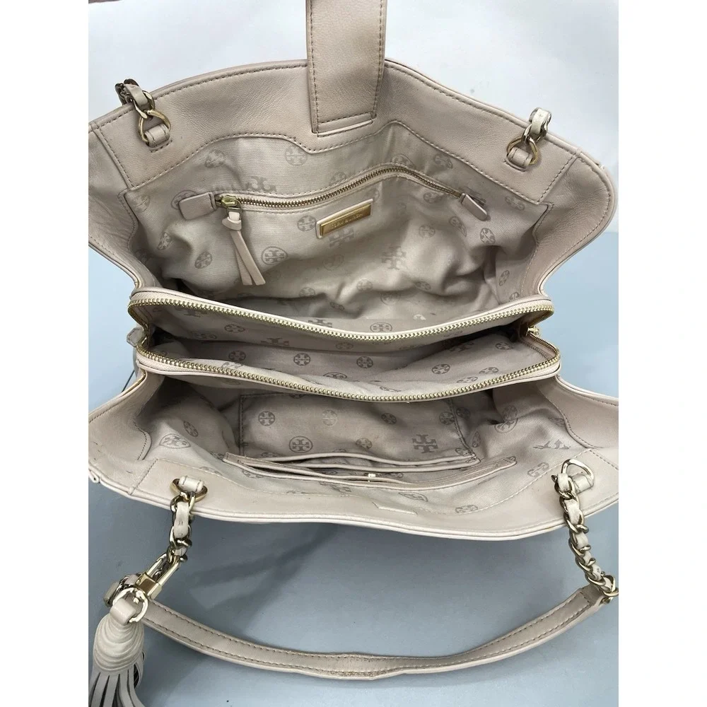 Tory Burch Fleming Open Shoulder Bag Purse Beige Nude Large Soft Leather